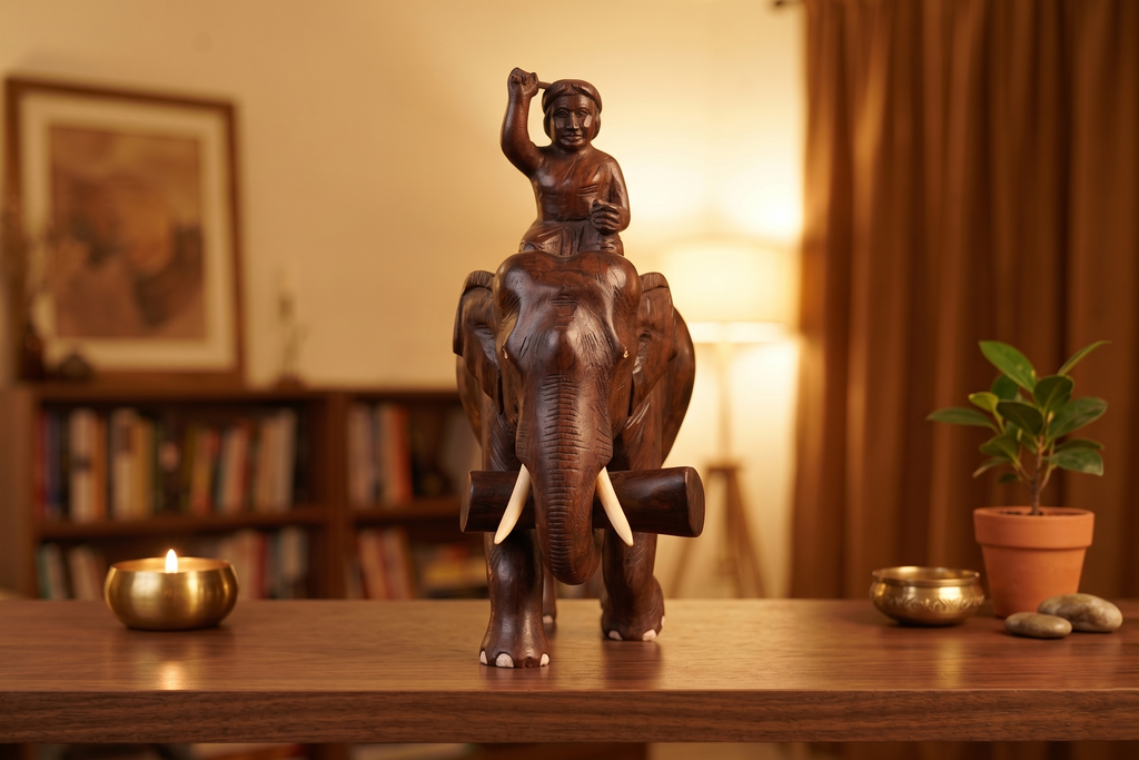 Wooden Elephant Mahout Statue Rosewood