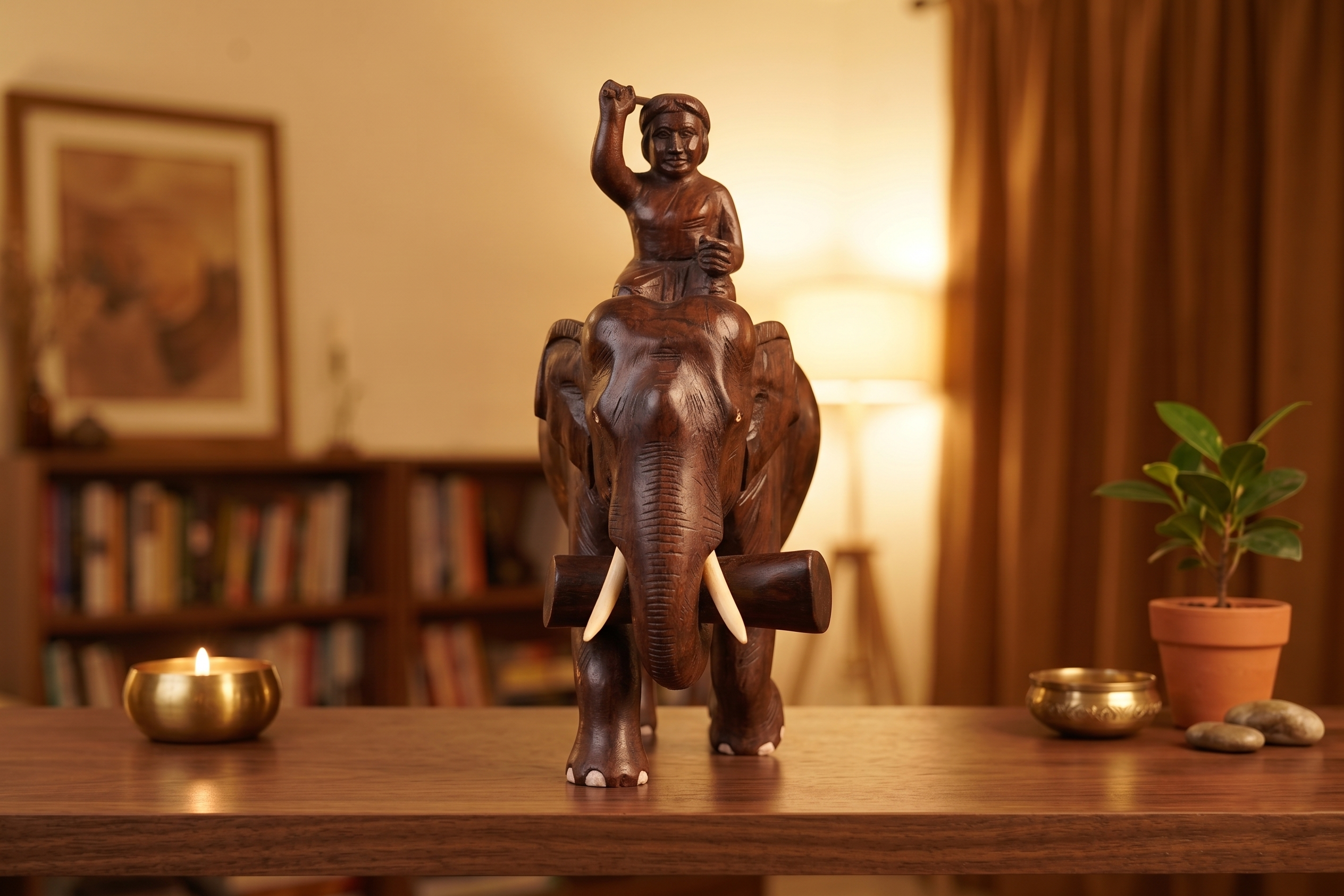 Wooden Elephant Mahout Statue Rosewood